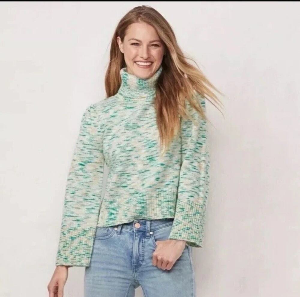 LC Lauren Conrad Bell Sleeve Knit Sweater Green White Space Dye Turtleneck Large